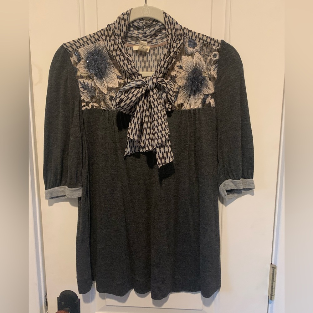 Anthro Sequined Appliqué Bow Blouse